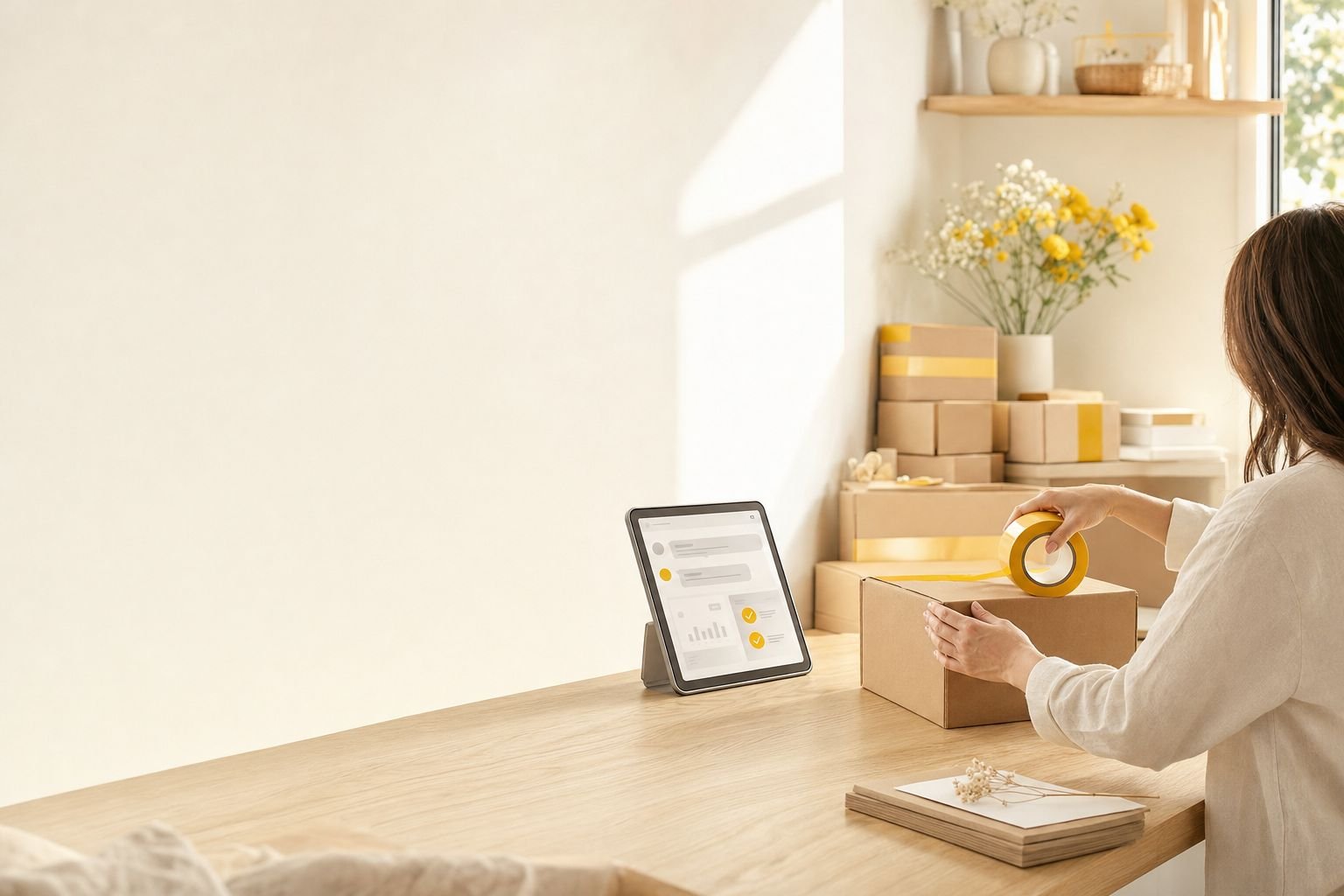 Shopbetreiberin verpackt ein Paket, daneben zeigt ein Tablet erledigte Kundenanfragen