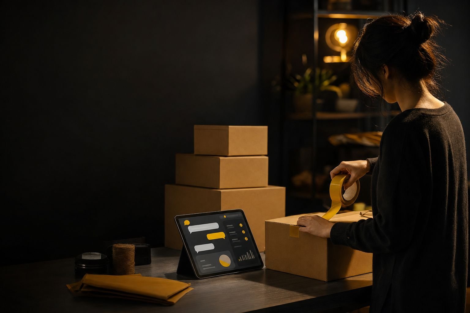 Shopbetreiberin verpackt am Abend ein Paket, daneben zeigt ein Tablet erledigte Kundenanfragen
