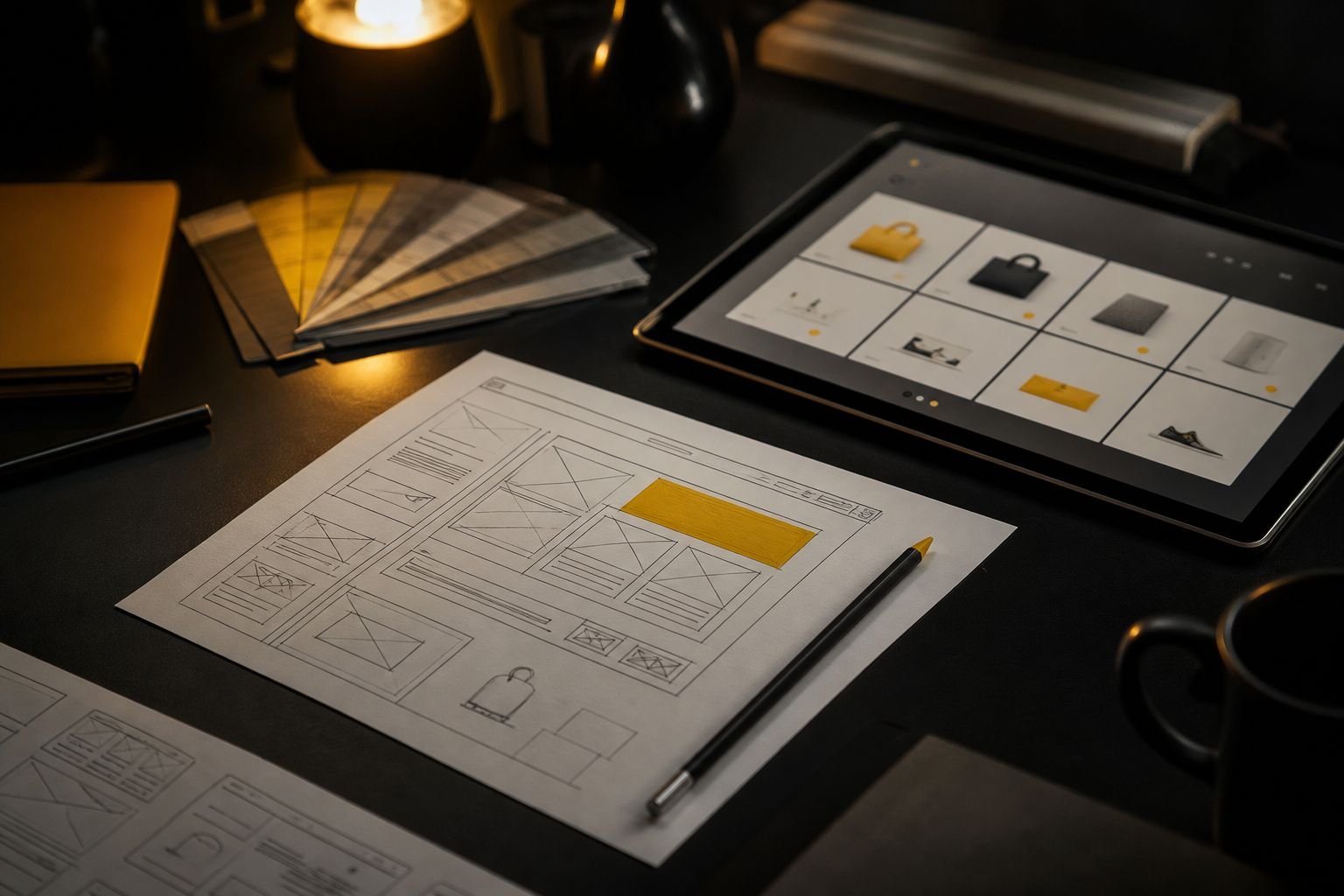 Wireframes und Tablet mit Shop-Entwurf